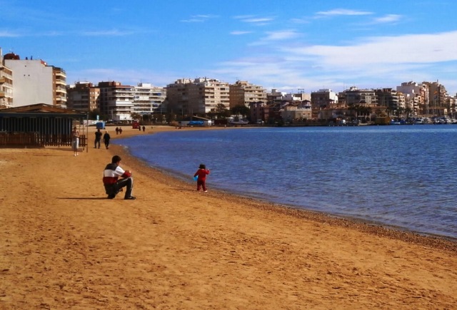 There are two miles of beaches lining the coast of Torrevieja.  This beach is two blocks from our apartment.