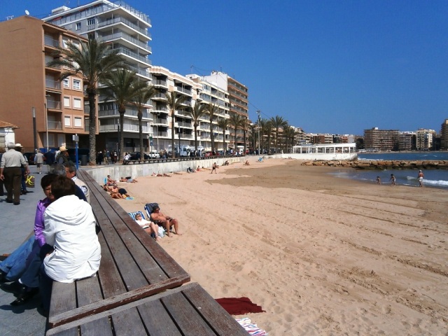 The shoreline of Torrevieja features beautiful sandy beaches and a mile long pedestrian walkway. 